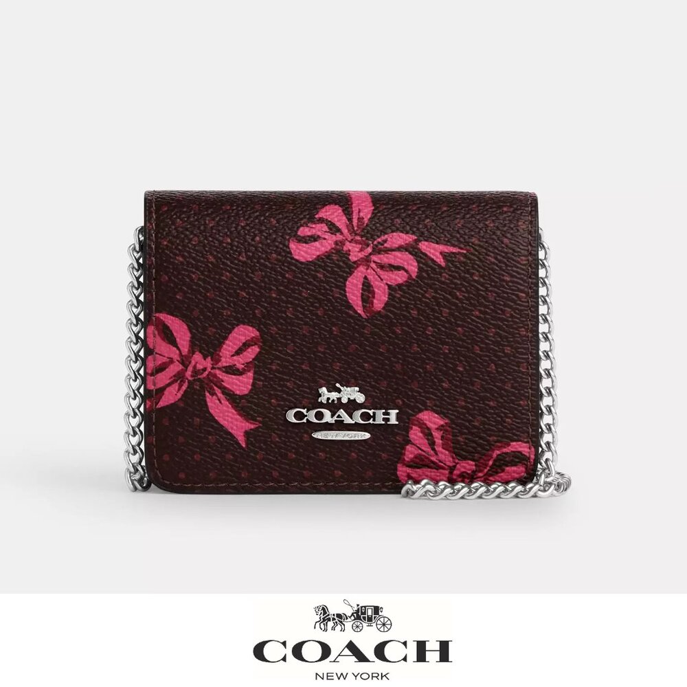 Coach Dark Brown Wallet Crossbody with Pink Bow Print and Silver Chain